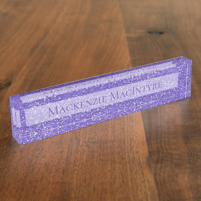Chic Purple Sparkle Glitter Desk Name Plate (Side)