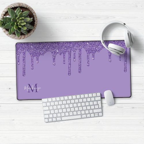 Chic Purple Sparkle Glitter Drips Monogram Desk Mat