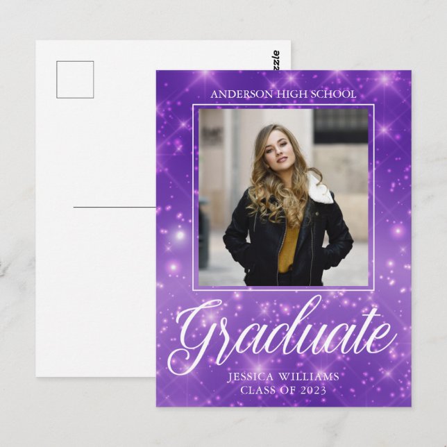 Chic Purple Sparkle Graduate Photo Graduation Postcard (Front/Back)