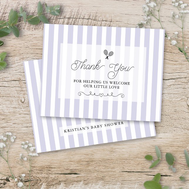 Chic Purple Striped Tennis Preppy Thank You Cards (purple tennis theme thank you cards with elegant preppy striped design)