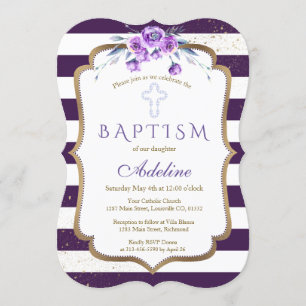 Chic Purple Stripes Gold Violet Floral Baptism Invitation