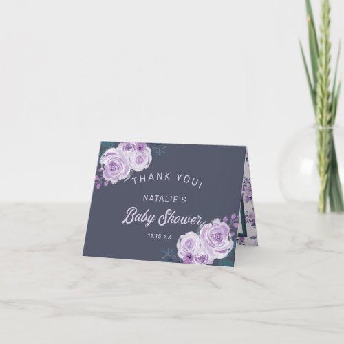 Chic Purple  Teal Floral Baby Shower Thank You Note Card