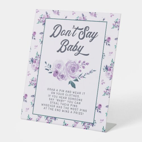 Chic Purple Teal Floral Dont Say Baby Shower Game Pedestal Sign