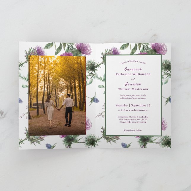 Chic Purple Thistle Customizable Bifold Wedding  Invitation (Inside)