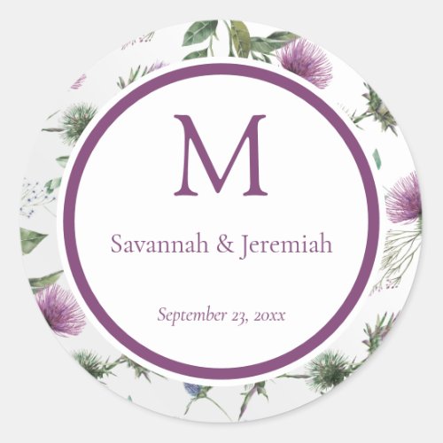 Chic Purple Thistle Floral Customizable Wedding Classic Round Sticker