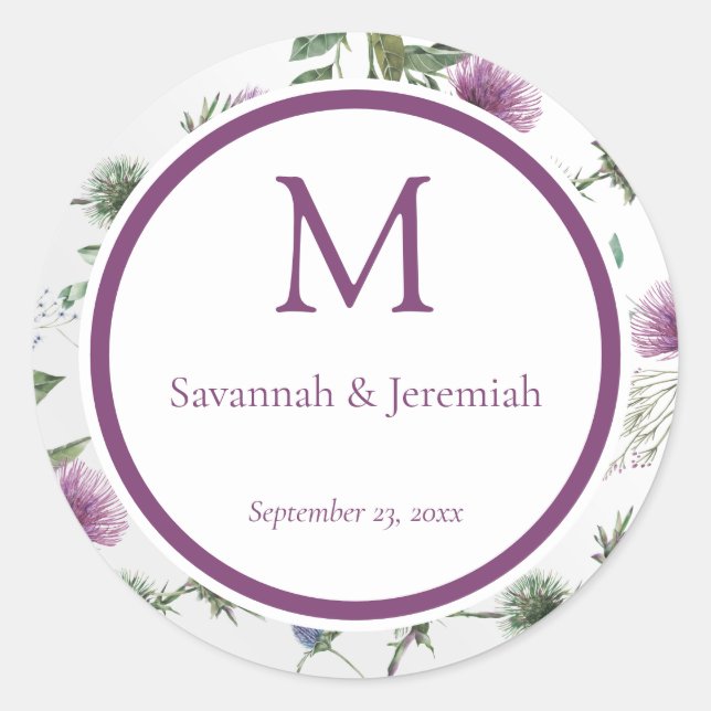 Chic Purple Thistle Floral Customizable Wedding Classic Round Sticker (Front)