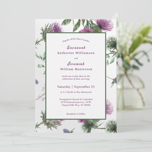 Chic Purple Thistle Floral Customizable Wedding Invitation (Standing Front)