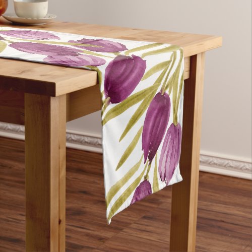 Chic Purple Tulips Watercolor Hand_painted Long Table Runner