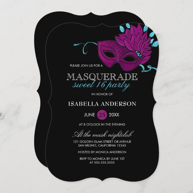 Chic Purple & Turquoise Masquerade Sweet 16 Party Invitation (Front/Back)