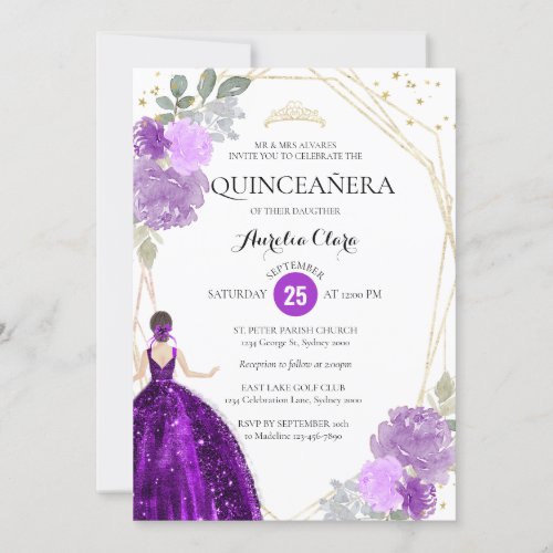 Chic Purple Violet Floral Geometric Quinceaera Invitation