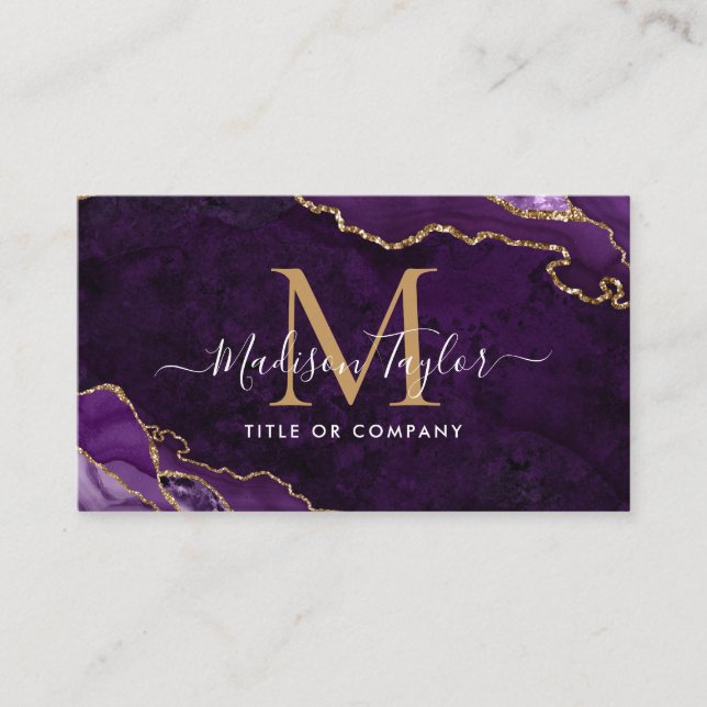 Chic Purple Violet Gold Glitter Marble Monogram QR Business Card (Front)