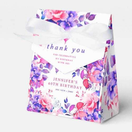 Chic Purple Watercolor Floral 40th Birthday  Favor Boxes