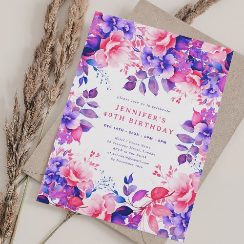 Chic Purple Watercolor Floral 40th Birthday  Invitation