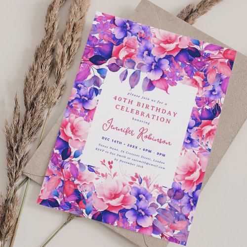 Chic Purple Watercolor Floral 40th Birthday Party  Invitation