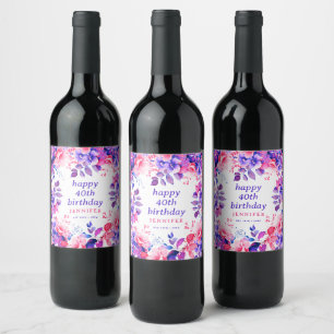 Chic Purple Watercolor Floral 40th Happy Birthday Wine Label
