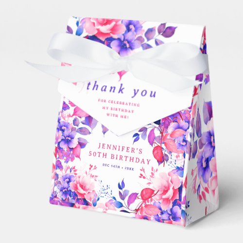 Chic Purple  Watercolor Floral 50th Birthday  Favor Boxes