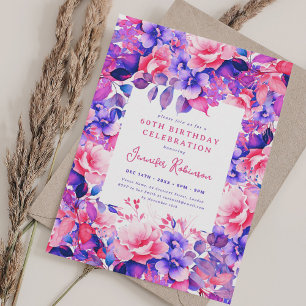Chic Purple Watercolor Floral 60th Birthday Party Invitation