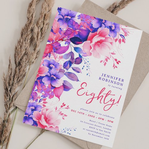 Chic Purple Watercolor Floral 80th Birthday  Invitation