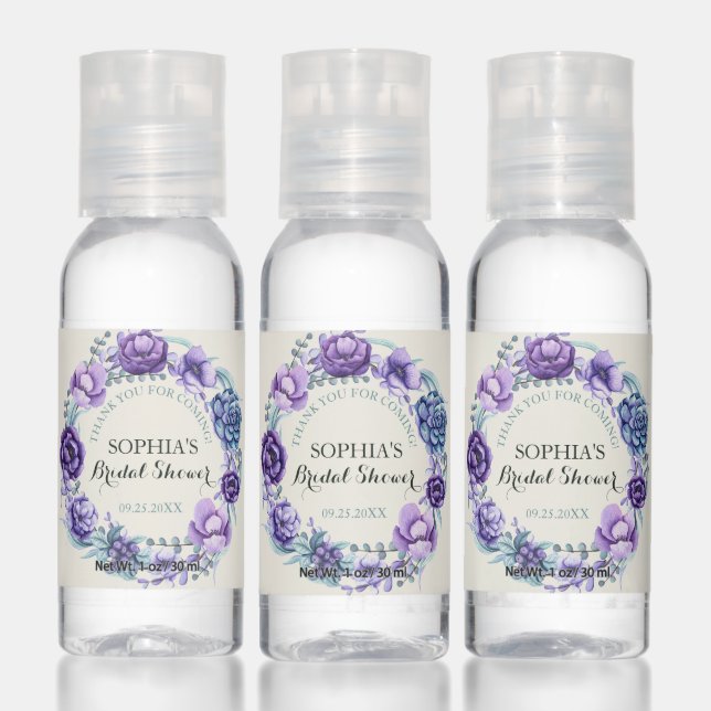 Chic Purple Watercolor Floral Bridal Shower Hand Sanitizer (Set)