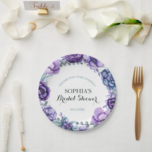 Chic Purple Watercolor Floral Bridal Shower  Paper Plates