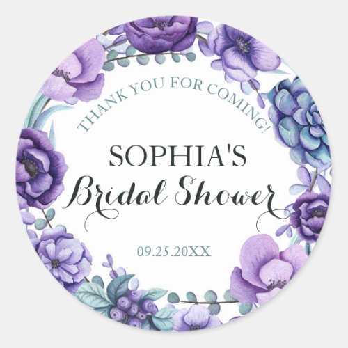 Chic Purple Watercolor Floral Bridal Shower Thanks Classic Round Sticker