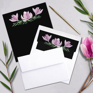 Chic Purple Watercolor Magnolias on Black Envelope Liner