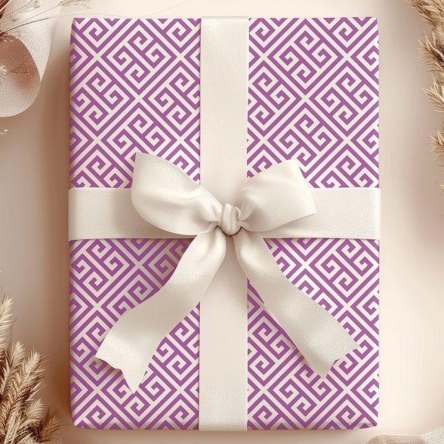 Chic Purple & White Greek Key Maze Wrapping Paper (Creator Uploaded)