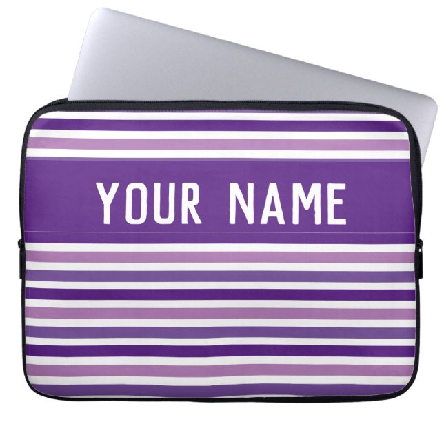 Chic Purple & White Stripes Custom Name   Laptop Sleeve (Front)