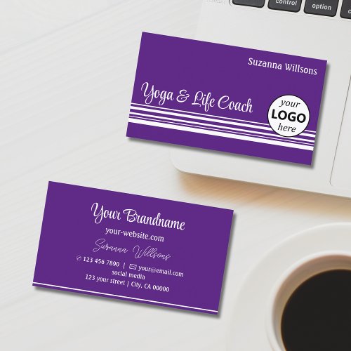 Chic Purple White Stripes with Logo Professional Business Card
