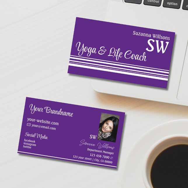 Chic Purple White Stripes with Monogram and Photo Business Card (Creator Uploaded)