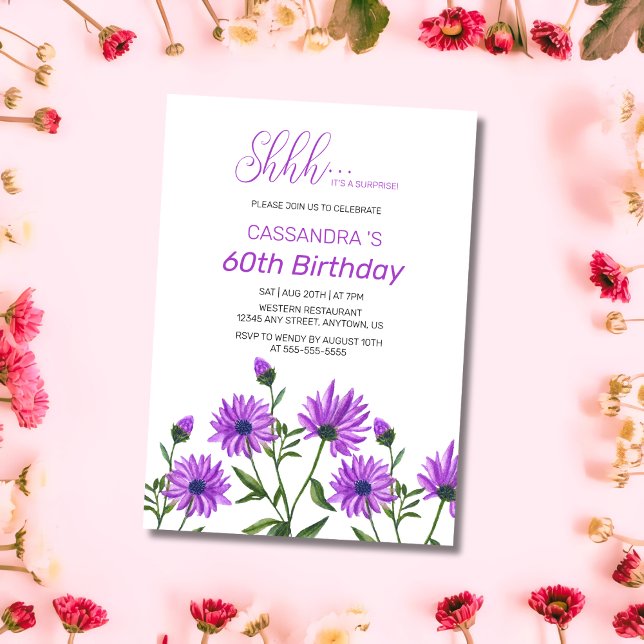 Chic Purple Xeranthemum Floral Surprise Birthday  Invitation (Creator Uploaded)
