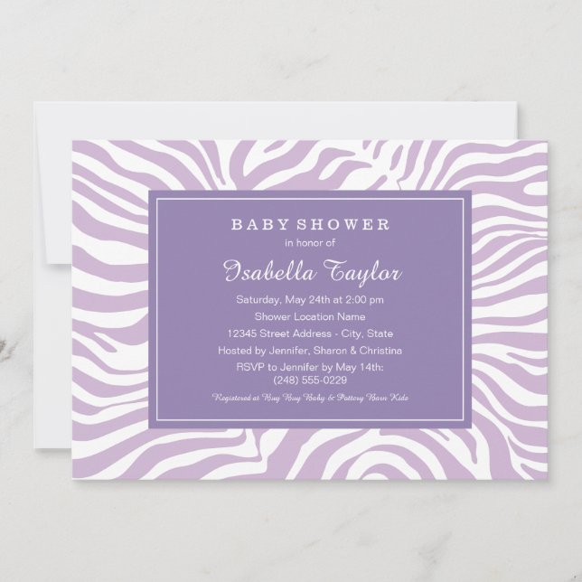 Chic Purple Zebra Print Baby Girl Shower Invitation (Front)