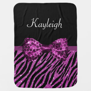 Chic Purple Zebra Print FAUX Glitz Bow With Name Baby Blanket
