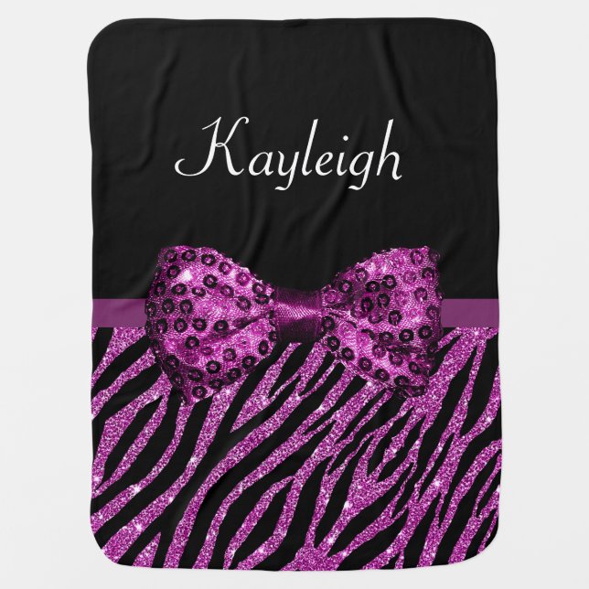 Chic Purple Zebra Print FAUX Glitz Bow With Name Baby Blanket (Front)