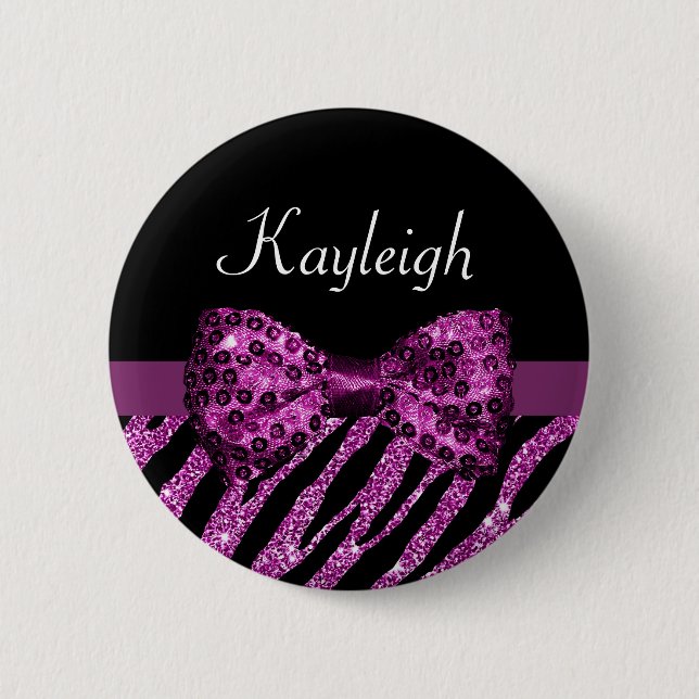 Chic Purple Zebra Print FAUX Glitz Bow With Name Button (Front)