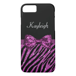 Chic Purple Zebra Print FAUX Glitz Bow With Name iPhone 8/7 Case