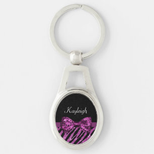 Chic Purple Zebra Print FAUX Glitz Bow With Name Keychain