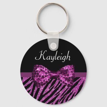 Chic Purple Zebra Print Faux Glitz Bow With Name Keychain by ohsogirly at Zazzle