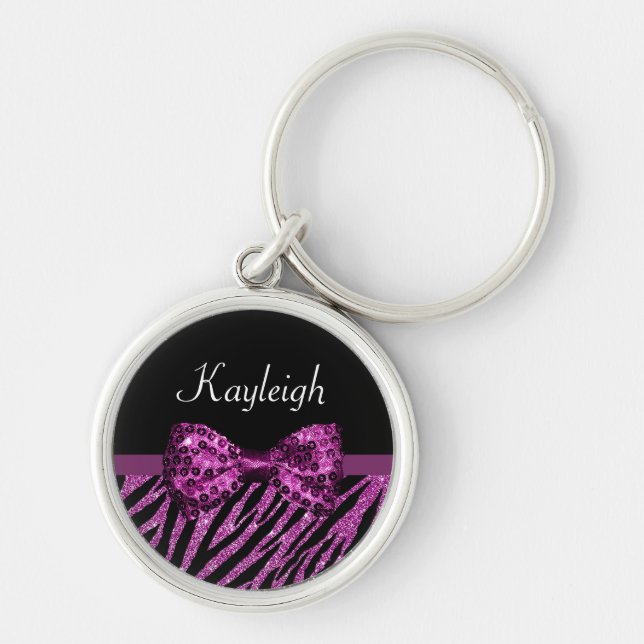 Chic Purple Zebra Print FAUX Glitz Bow With Name Keychain (Front)