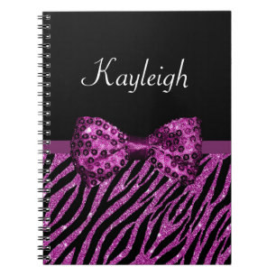 Chic Purple Zebra Print FAUX Glitz Bow With Name Notebook