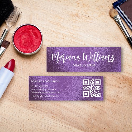 chic qr code makeup artist purple metallic foil mini business card