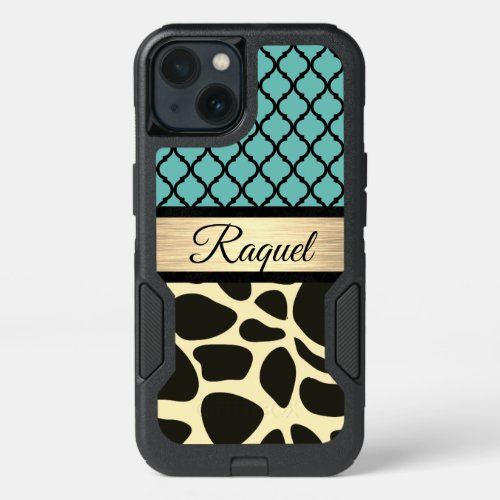 Chic Quatrefoil Giraffe Print Personalized iPhone 13 Case