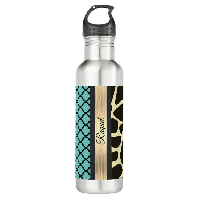 Chic Quatrefoil Giraffe Print Personalized        Stainless Steel Water Bottle (Front)