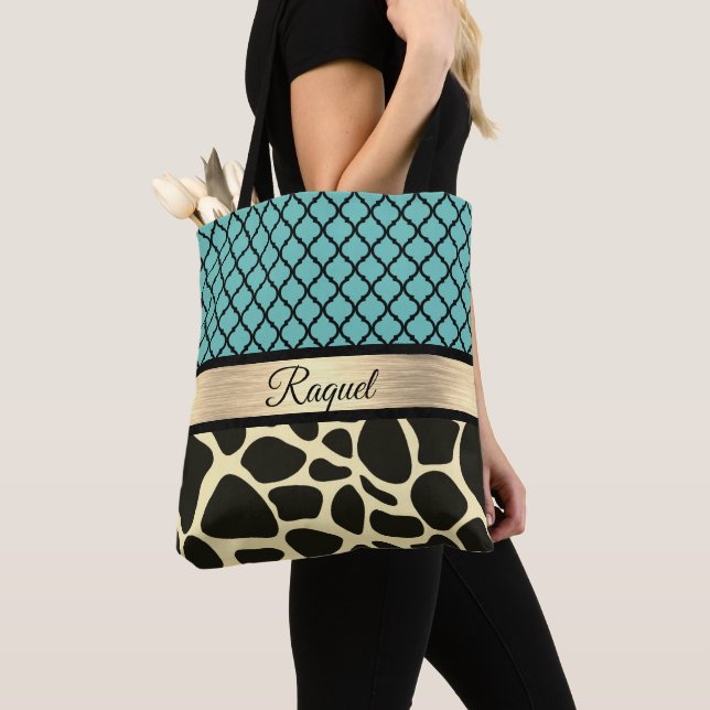 Chic Quatrefoil Giraffe Print Personalized Tote Bag (Close Up)