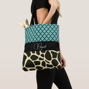 Chic Quatrefoil Giraffe Print Personalized Tote Bag