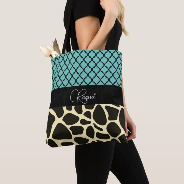 Chic Quatrefoil Giraffe Print Personalized Tote Bag (Close Up)