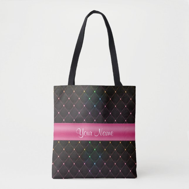 Chic Quilted Pink Black Colorful Personalized Tote Bag (Front)