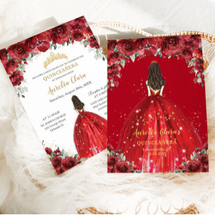 Chic Quinceañera 15th Red Floral Roses Princess  Invitation
