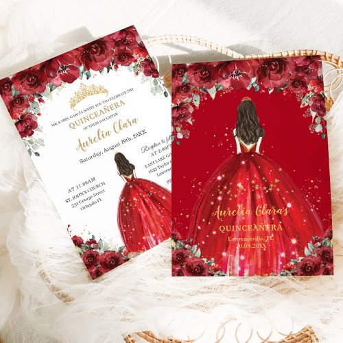 Chic Quinceaera 15th Red Floral Roses Princess  Invitation