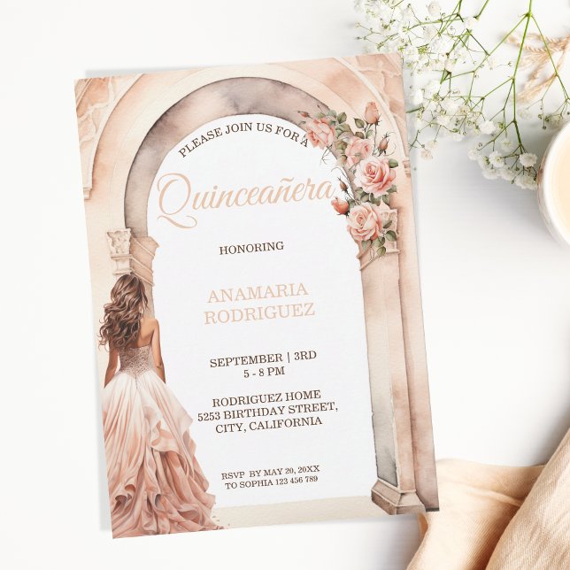 Chic Quinceañera Blush Dress Floral Arch  Invitation (Creator Uploaded)